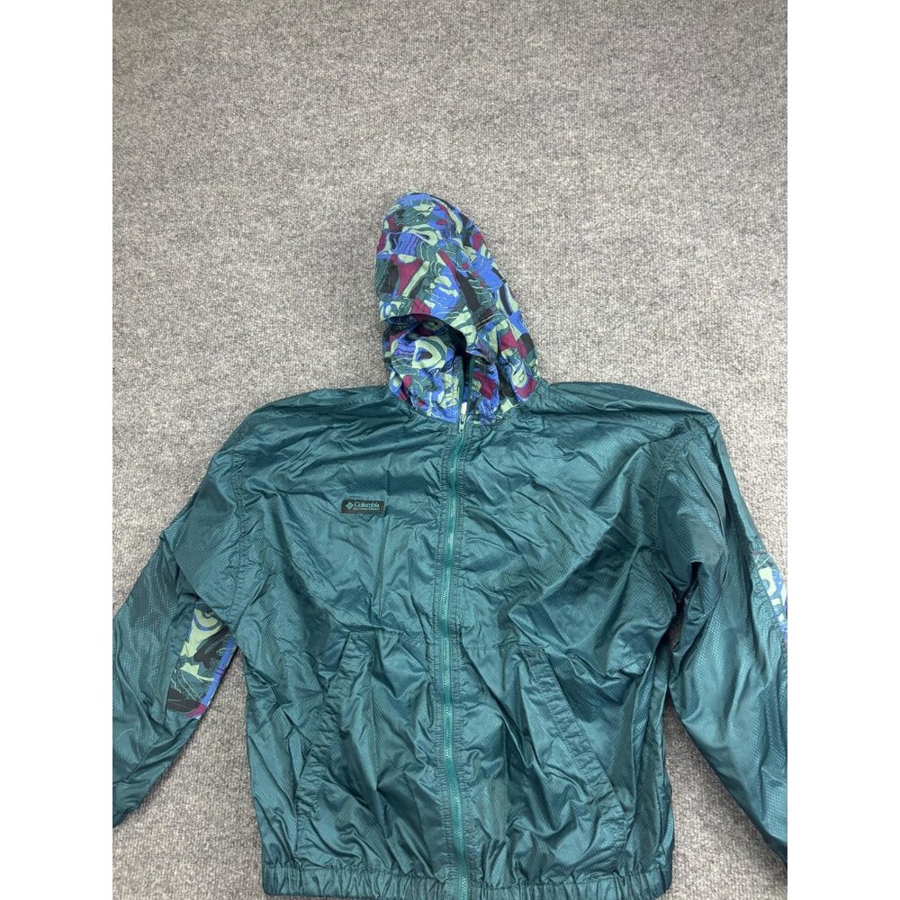 Columbia Jacket Youth 14/16 Green Nylon Hooded Windbreaker Lined‎ 90s Colorblock